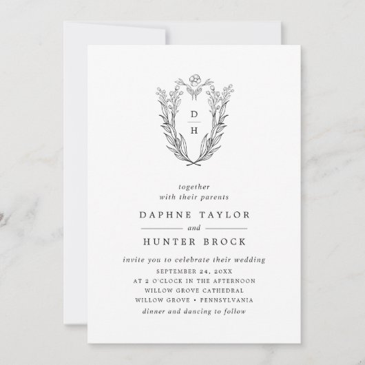 DAPHNE Zwart Wit Eenvoudig Monogram Bloemen Huweli Kaart (Voorkant)