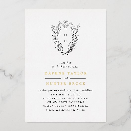 DAPHNE Zwart Wit Goud Monogram Groen Huwelijk Folie Uitnodiging (Voorkant)