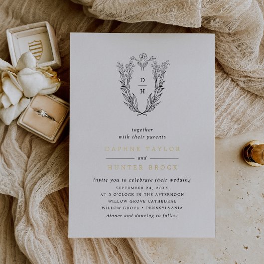DAPHNE Zwart Wit Goud Monogram Groen Huwelijk Folie Uitnodiging