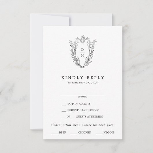 DAPHNE Zwart Wit Traditionele bruiloft RSVP Kaart (Voorkant)