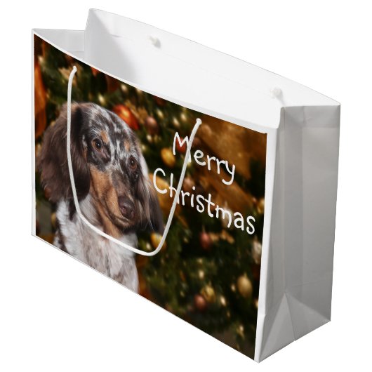 Dapped Dachshund Kerstmis Groot Cadeauzakje (Voorkant Gekanteld)