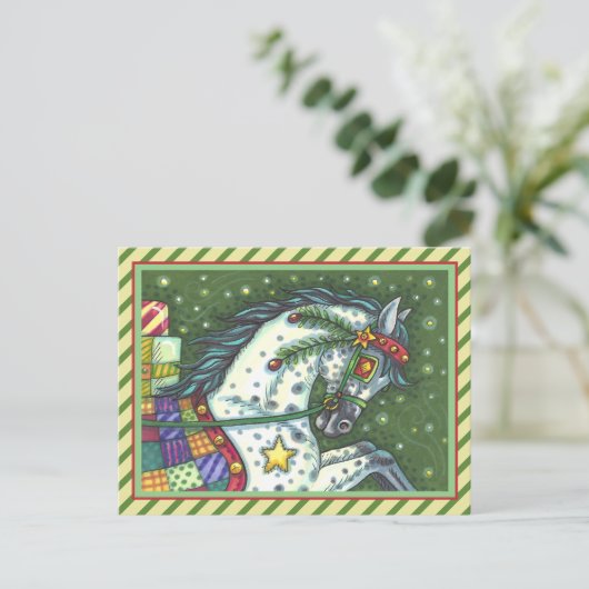 DAPPELGRIJS IN EEN ÉÉN PAARD OPEN SLEE, KLEURRIJK FEESTDAGENKAART (Staand voorkant)