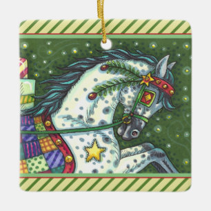 DAPPELGRIJS IN EEN ÉÉN PAARD OPEN SLEE, KLEURRIJK KERAMISCH ORNAMENT