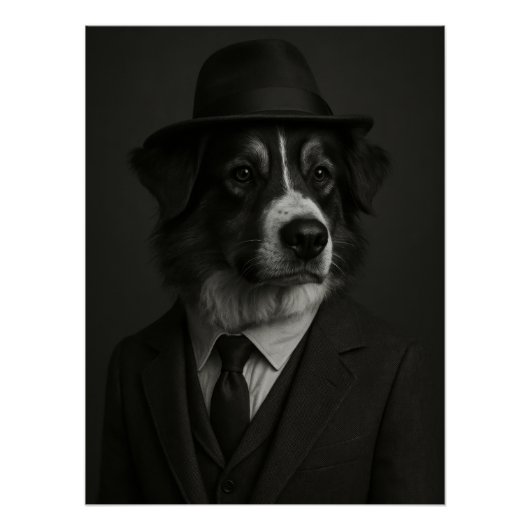 Dapper Australian Shepherd Dog in Suit and Hat Perfect Poster (Voorkant)
