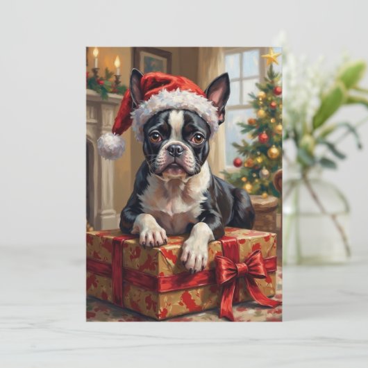 Dapper Boston Terrier Dog Christmas Gift Feestdagenkaart (Staand voorkant)