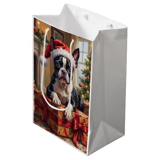 Dapper Boston Terrier Dog Christmas Gift Medium Cadeauzakje (Voorkant Gekanteld)