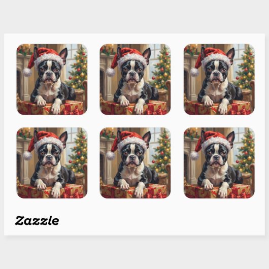 Dapper Boston Terrier Dog Christmas Gift Vierkante Sticker (Vel)