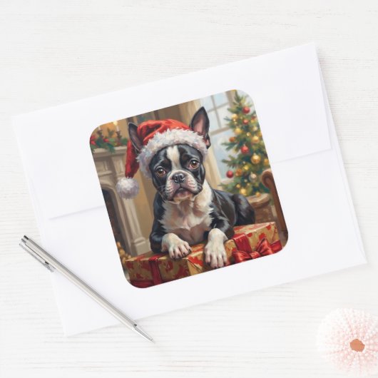 Dapper Boston Terrier Dog Christmas Gift Vierkante Sticker (Envelop)
