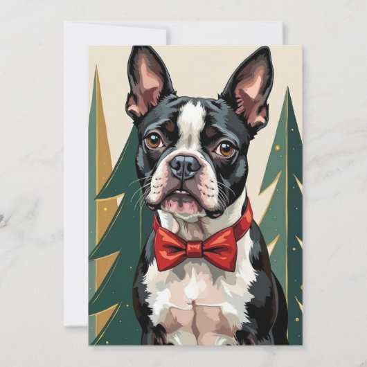Dapper Boston Terrier Tuxedo Modern Christmas Art Feestdagenkaart (Voorkant)