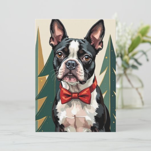 Dapper Boston Terrier Tuxedo Modern Christmas Art Feestdagenkaart (Staand voorkant)