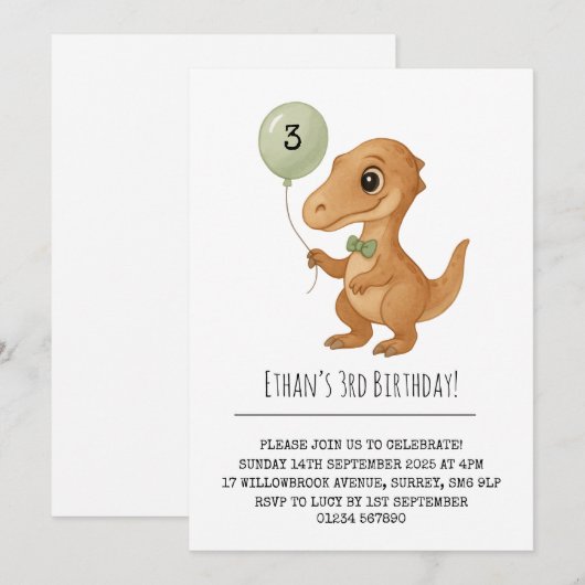 Dapper Brown Dino with Green Bow Tie Birthday Kaart (Voorkant / Achterkant)