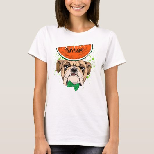Dapper Bulldog met Watermeloen Pet & Green Bow Str T-shirt (Voorkant)