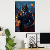Dapper Cat in Suit Funny Animal Portrait Poster (Thuiskantoor)