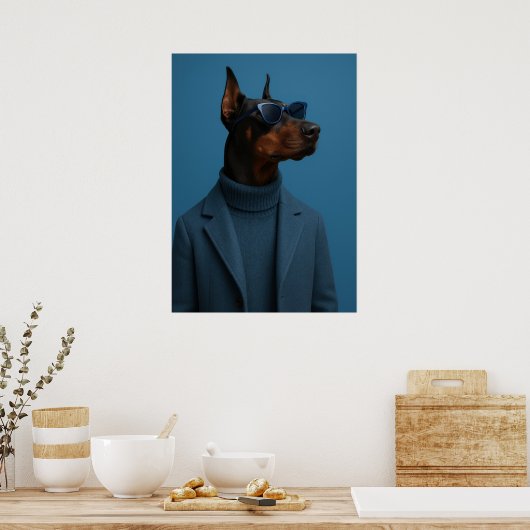 Dapper Doberman in Blue Turtleneck and Sunglasses Poster (Keuken)