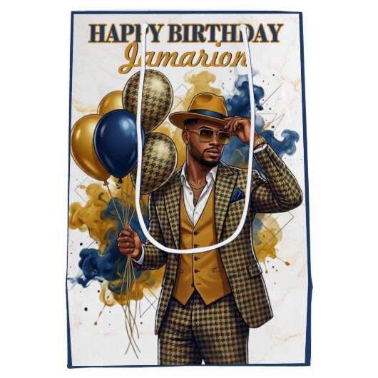 Dapper Gentleman Mustard and Navy Birthday Medium Cadeauzakje (Achterkant)