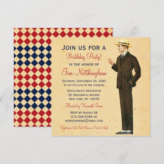 Dapper Gentleman's Birthday Party Kaart (Voorkant / Achterkant)