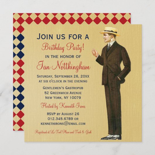 Dapper Gentleman's Birthday Party Kaart (Voorkant / Achterkant)