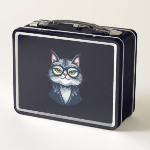 Dapper kat in bril en pak lunchbox