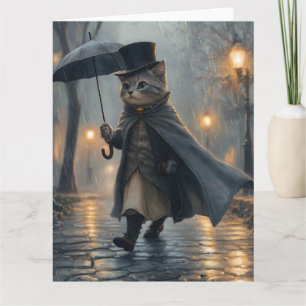 Dapper kat wandelen in de regen met een paraplu kaart