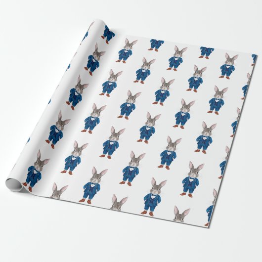 Dapper konijn in een blauwe bowtie en pak partij cadeaupapier (Uitgerold)