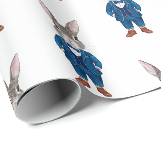 Dapper konijn in een blauwe bowtie en pak partij cadeaupapier (Rol Hoek)