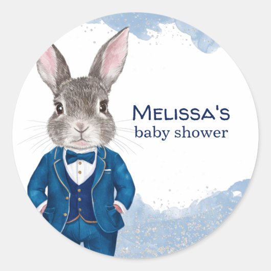 Dapper konijn in een Blue Suit Boy Baby shower Ronde Sticker (Voorkant)