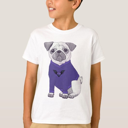 Dapper pug met paarse trui t-shirt (Voorkant)