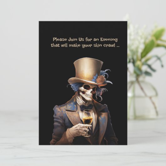 Dapper Skeleton Volwassen Halloween Party Kaart (Staand voorkant)
