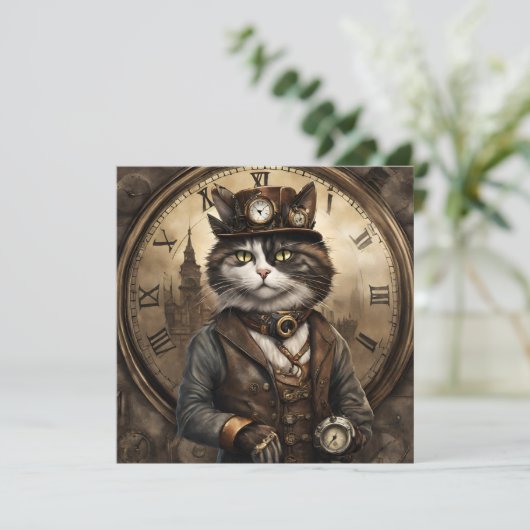 Dapper Steampunk Calico Cat Feestdagenkaart (Staand voorkant)