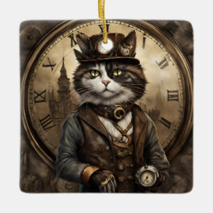 Dapper Steampunk Calico Cat Keramisch Ornament