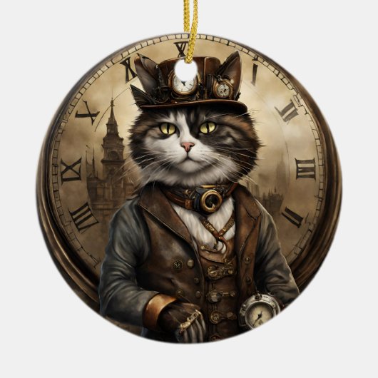 Dapper Steampunk Calico Cat Keramisch Ornament (Voorkant)