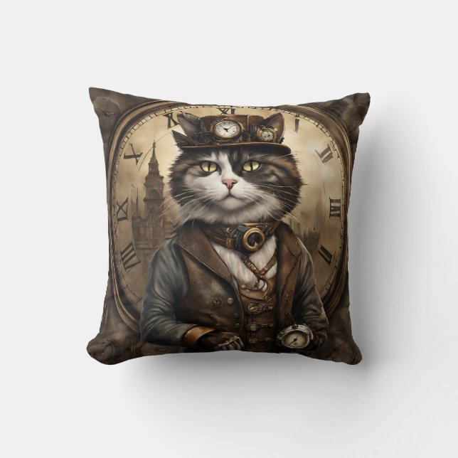 Dapper Steampunk Calico Cat Kussen (Voorkant)