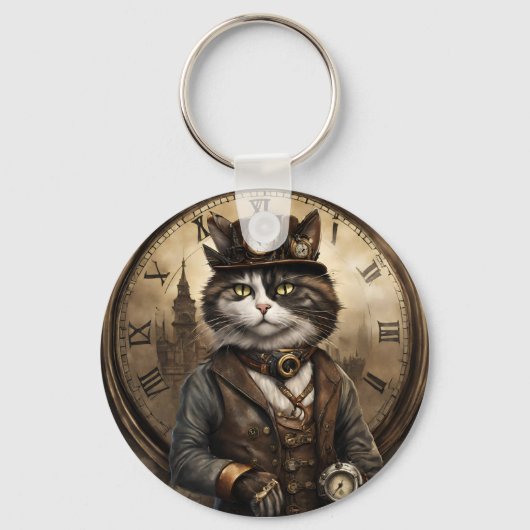 Dapper Steampunk Calico Cat Sleutelhanger (Voorkant)