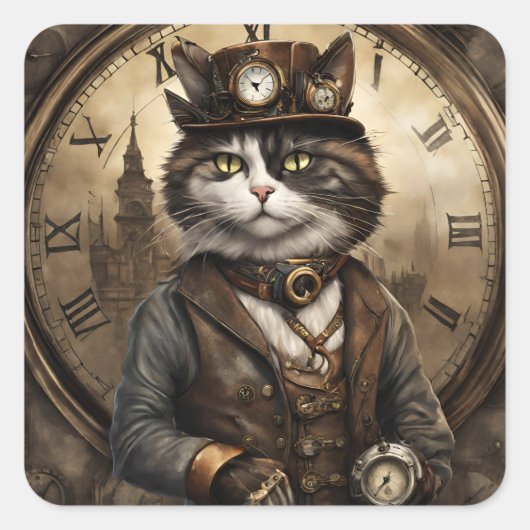 Dapper Steampunk Calico Cat Vierkante Sticker (Voorkant)
