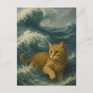 Dappere gemberkat die op oceaangolven rijdt briefkaart