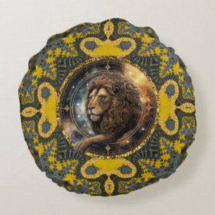 Dappere Leeuw Zodiac Goud Gele Fractal Mandala Rond Kussen
