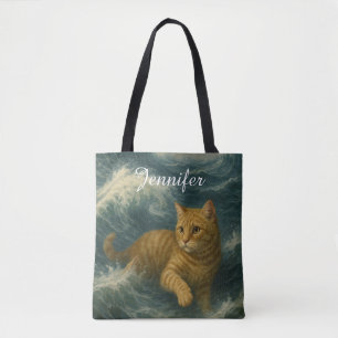 Dappere oranje kat rijdt op oceaangolven tote bag