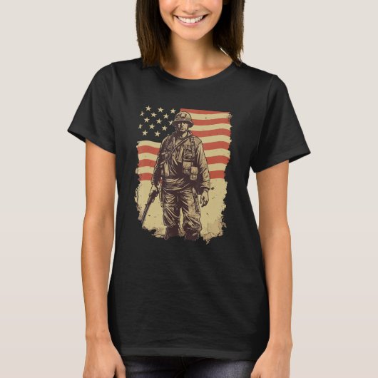 Dappere Patriottische Amerikaanse Soldaat Verdedig T-shirt (Voorkant)