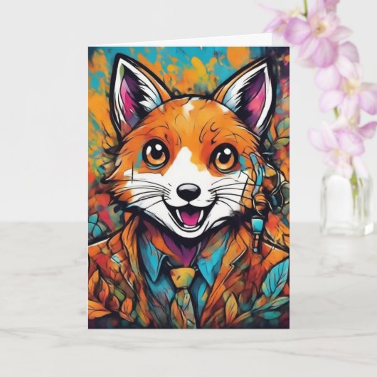 Dappere Vos – Whimsical Dierenkunst Kaart (Orchidee)