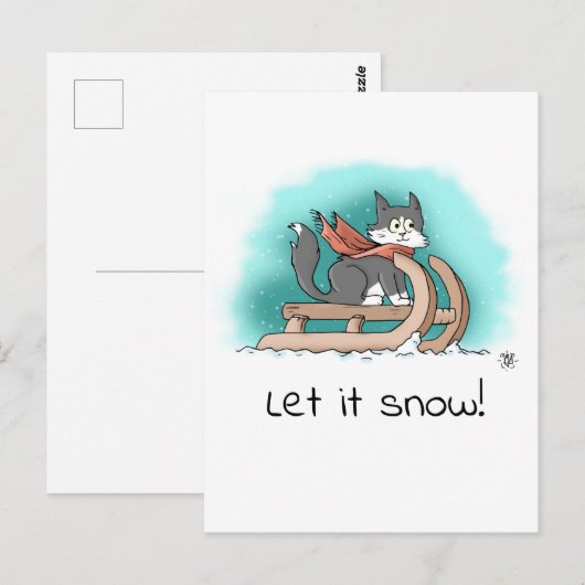 Dappere zwarte en witte Cartoon kat op slee in de Briefkaart (Voorkant / Achterkant)