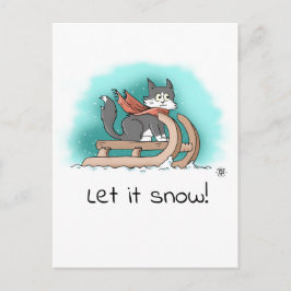 Dappere zwarte en witte Cartoon kat op slee in de  Briefkaart