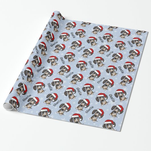 Dapple Dachshund Kerstmis Aangepaste Naam Leuke Ho Cadeaupapier (Uitgerold)