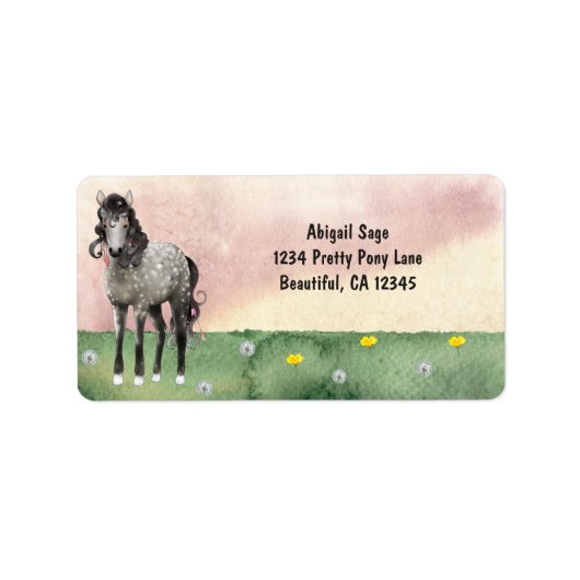 Dapple Gray Horse in Wildflower Meadow Address Etiket (Voorkant)