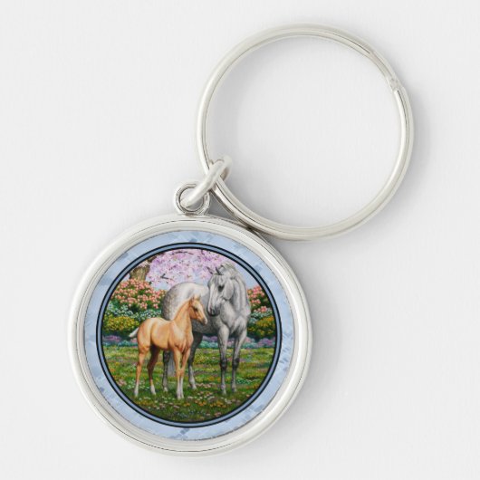 Dapple Gray Quarter Horse Mare Palomino Foal Sleutelhanger (Voorkant)