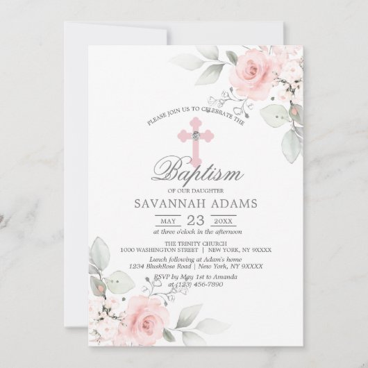 DAPTISME Waterverf Roze Rose Meisje Invitation Kaart (Voorkant)