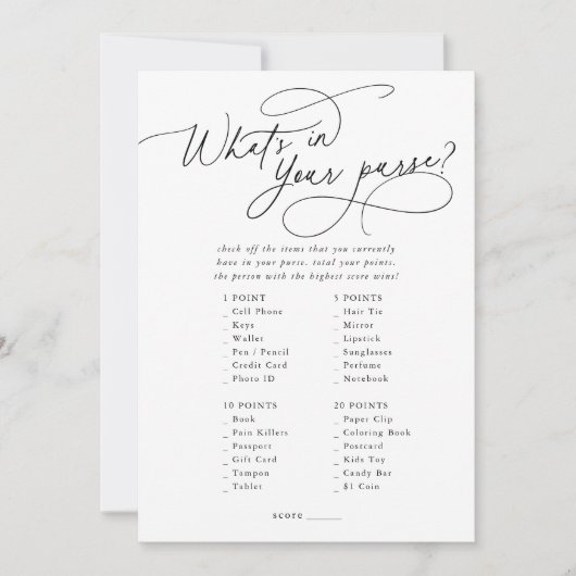 DARCY Zwart Wit Wat zit er in je tas spel Kaart (Voorkant)