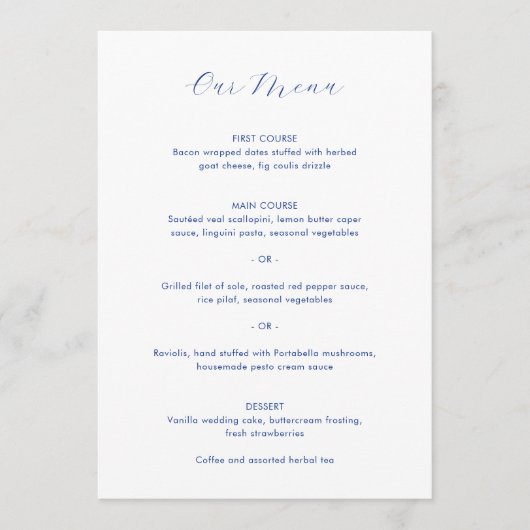 Daria kobalt blauw moderne bruiloft menu (Voorkant)