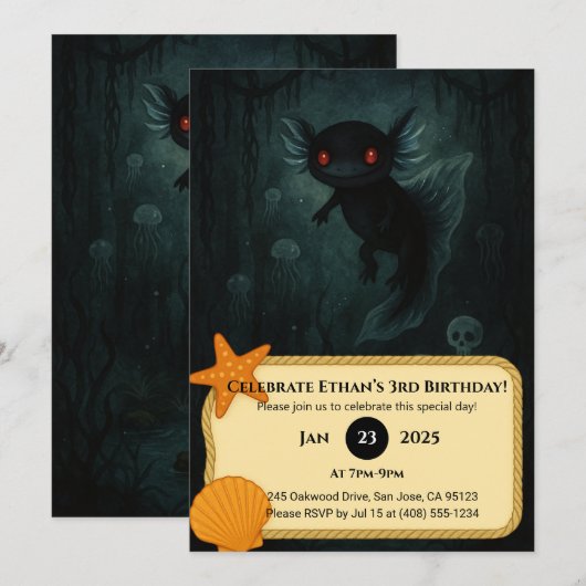Dark Abyss Axolotl Birthday Kaart (Voorkant / Achterkant)