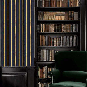 Dark Academia Alternating Blues en Gold Stripes Behang