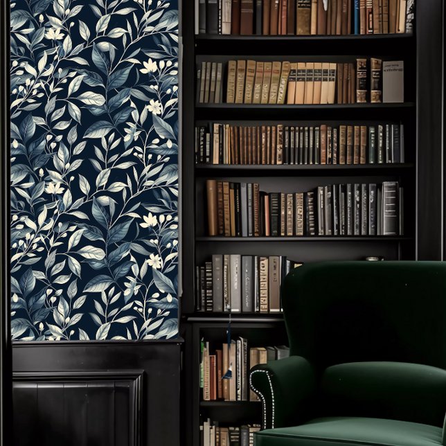 Dark Academia Blauwgroen en witte bladeren Behang (Dark Academia Teal and White Leaves Wallpaper in a library.)